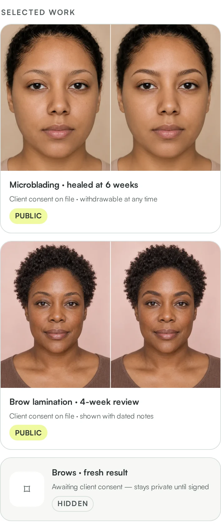 Illustrative NCHE product preview with fictional examples: two dated selected-work comparisons with consent labels, followed by a private result awaiting consent.