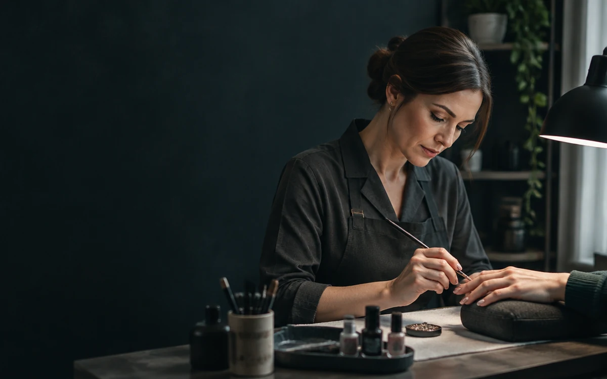 Generated illustrative image of a nail professional using a precision tool on a client’s hand.
