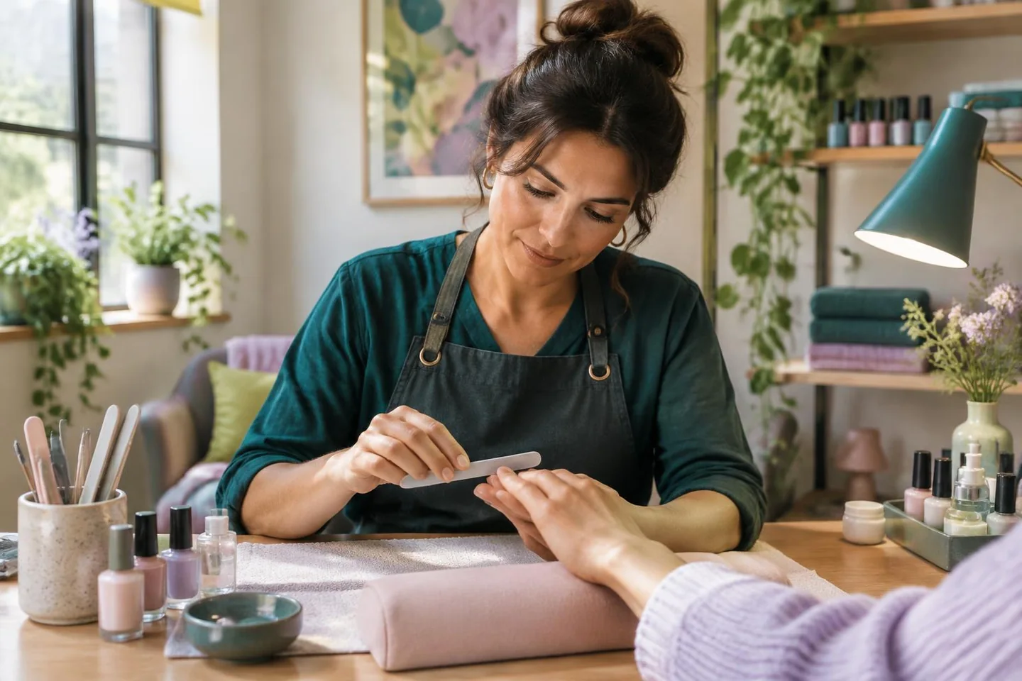 A nail professional filing a client’s natural nails in a bright independent studio. Illustrative practice imagery.